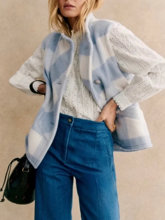 SEZANE Carlo Vest in Blue and White Plaid Wool Fully Lined Sz 38 6 NWT - Picture 2 of 8